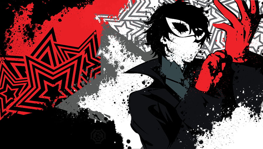 Persona 5 Joker Anime Character Artwork with Red and Black Geometric Star Pattern HD wallpaper