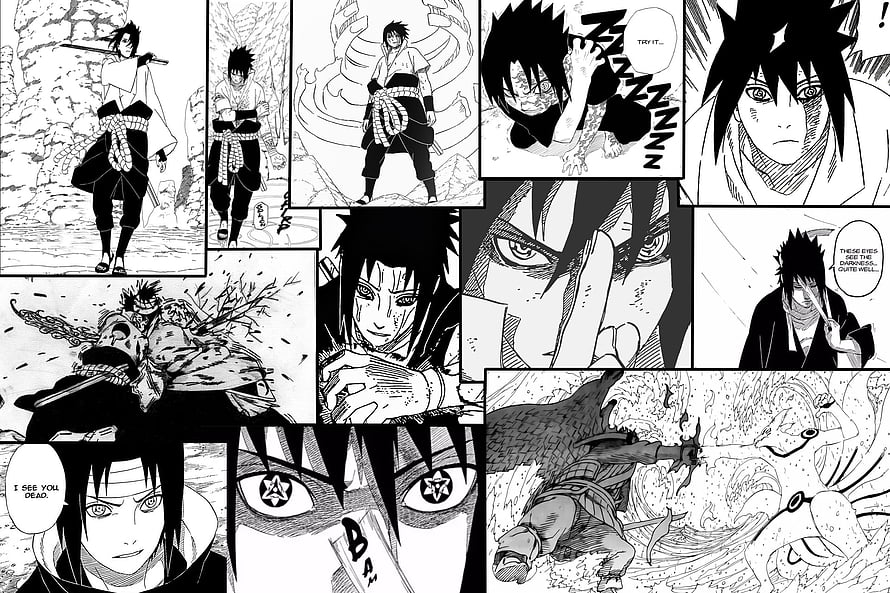 Sasuke Uchiha Manga Panels Featuring Sharingan and Susanoo in Naruto Shippuden HD wallpaper