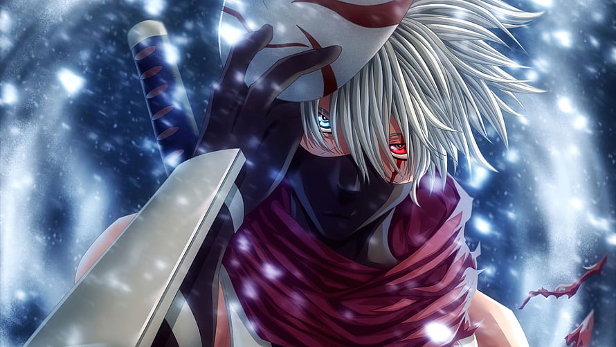 Uchiha Obito anime character holding mask and sword in snowy background HD wallpaper