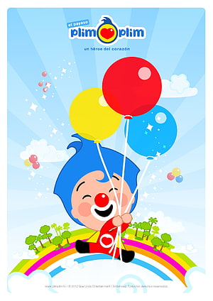 Plim Plim the Clown Character Flying with Balloons Over a Rainbow HD phone wallpaper