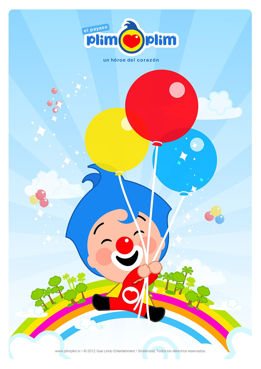 Plim Plim the Clown Character Flying with Balloons Over a Rainbow HD phone wallpaper