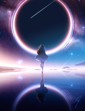 Anime Girl Running Toward Glowing Cosmic Ring on Reflective Surface HD phone wallpaper
