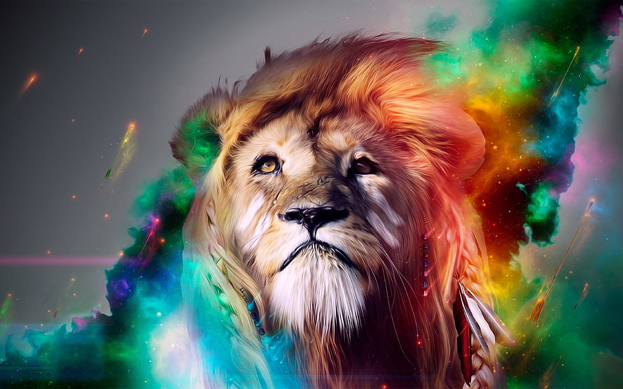 Majestic Lion Portrait with Vibrant Cosmic Nebula and Colorful Smoke Background HD wallpaper