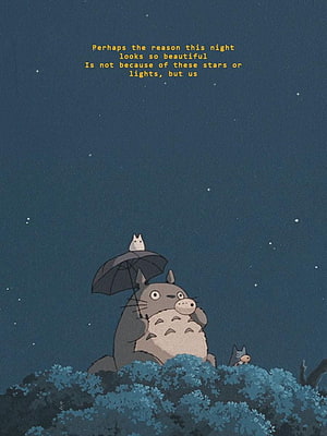 Totoro and Chibi Totoro Under Umbrella Stargazing Night Sky Quote Wallpaper HD phone wallpaper