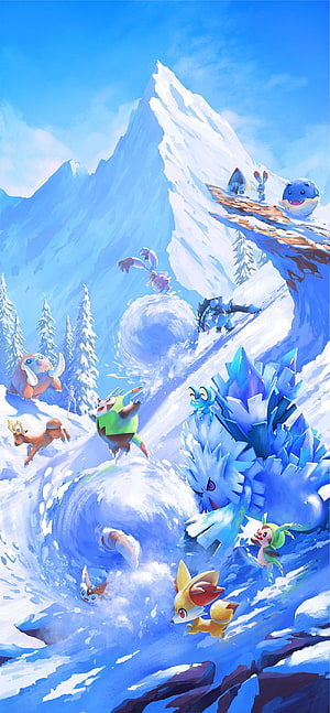 Pokémon GO Winter Snowball Fight on Snowy Mountain with Ice Type Creatures HD phone wallpaper