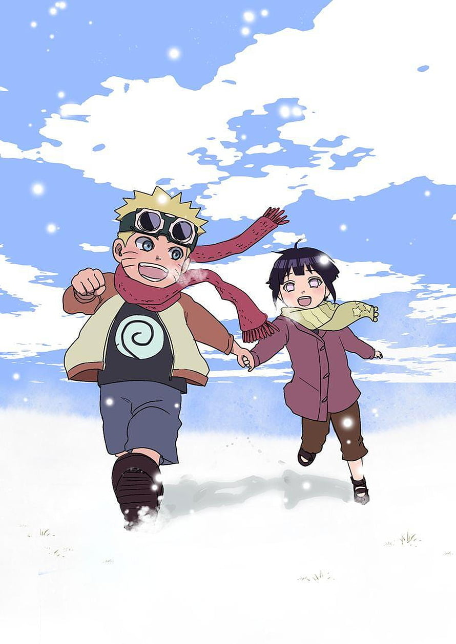 Naruto and Hinata Running Together in Snowy Winter Landscape Anime Wallpaper HD phone wallpaper