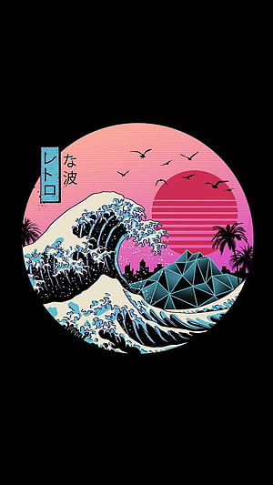 Retro Synthwave Great Wave Illustration with Geometric Mountain and Sunset HD phone wallpaper