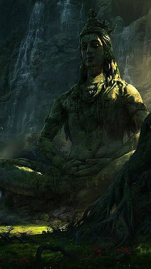 Ancient Stone Statue of Lord Shiva Meditating in a Dark Forest with Waterfall HD phone wallpaper