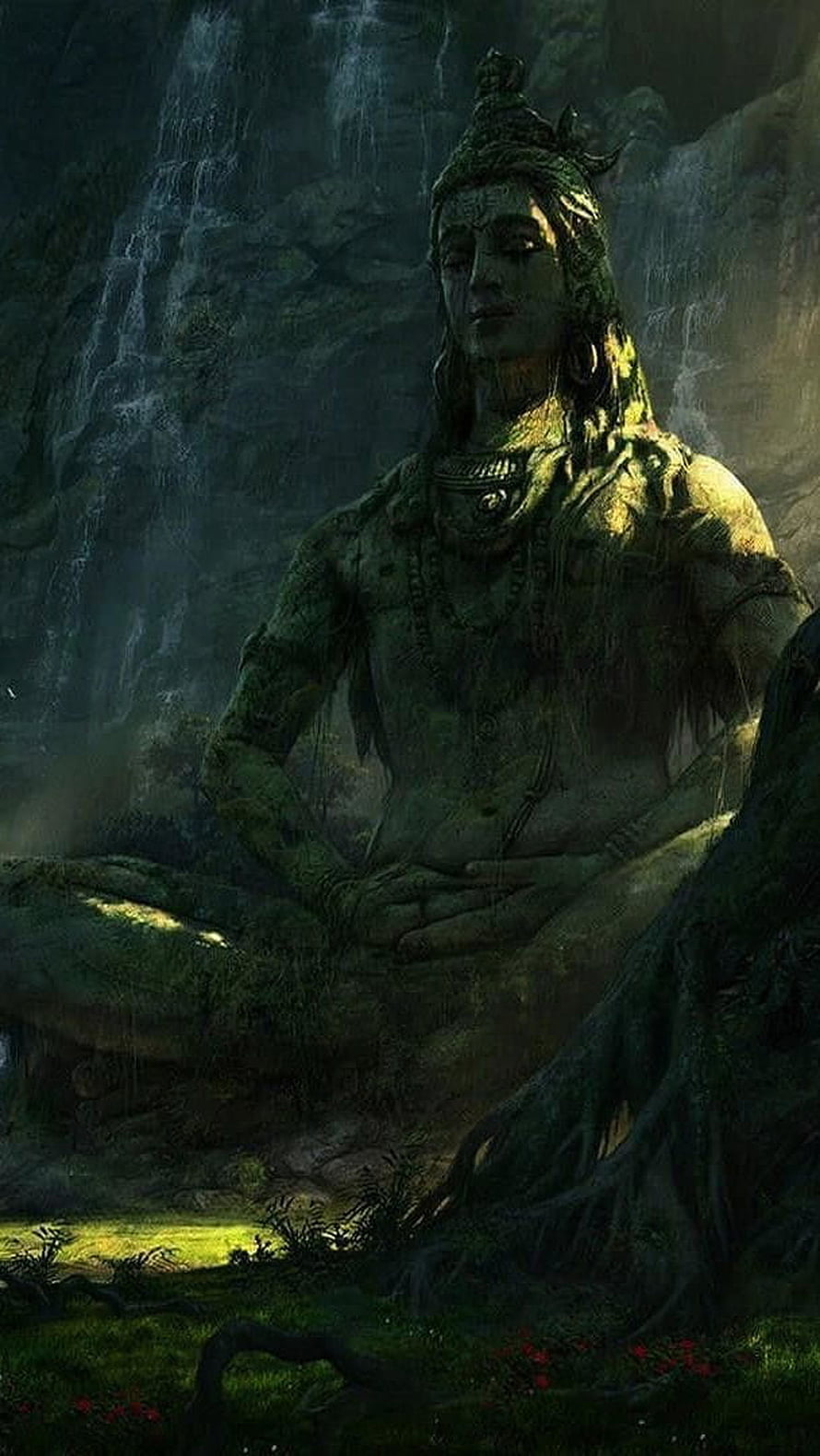 Ancient Stone Statue of Lord Shiva Meditating in a Dark Forest with Waterfall HD phone wallpaper