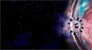 Interstellar Space Station Orbiting a Vibrant Nebula in Deep Space HD wallpaper
