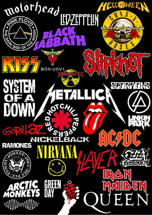 Rock and Metal Band Logos Collage Wallpaper Featuring Metallica, AC DC, Nirvana, Queen, and More HD phone wallpaper