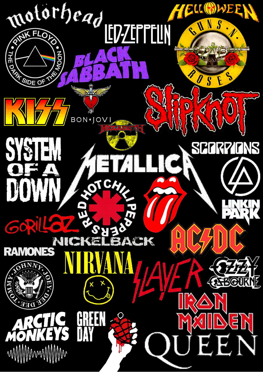 Rock and Metal Band Logos Collage Wallpaper Featuring Metallica, AC DC, Nirvana, Queen, and More HD phone wallpaper