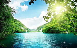Serene Turquoise River Flanked by Lush Green Forests Under a Bright Blue Sky HD wallpaper