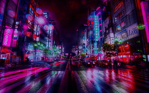 Neon-Lit Tokyo Street at Night with Vibrant Cyberpunk Aesthetic and Rain-Soaked Reflections HD wallpaper