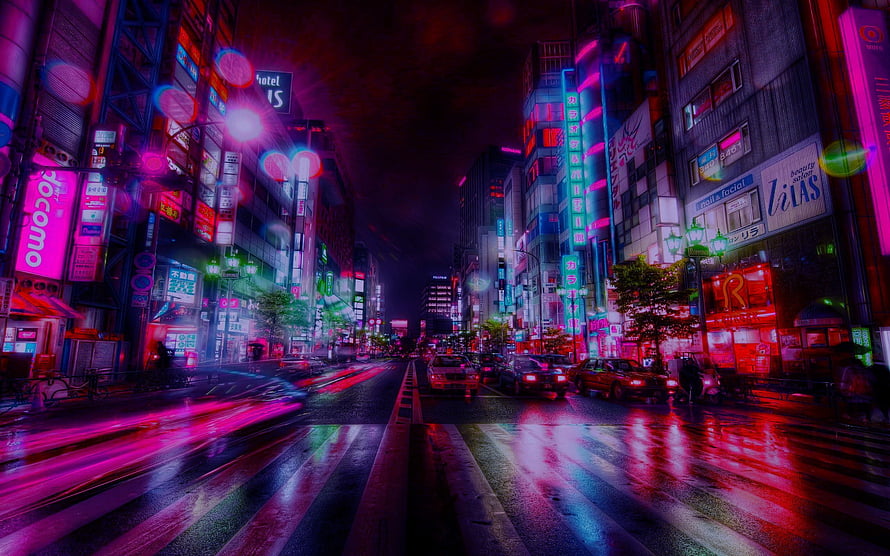 Neon-Lit Tokyo Street at Night with Vibrant Cyberpunk Aesthetic and Rain-Soaked Reflections HD wallpaper