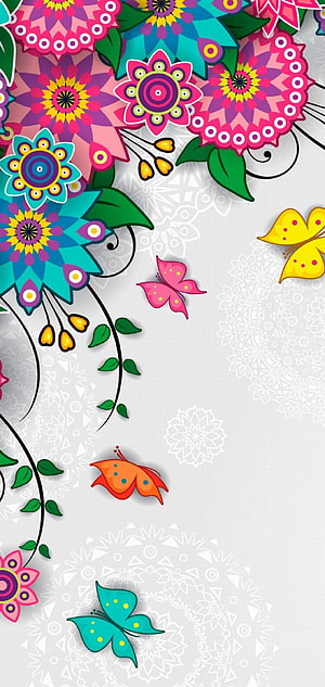 Colorful Floral Mandala Pattern With Butterflies And Vines On White Background, Punch Hole for Galaxy Note 20 & Galaxy S20 Series, Middle Hole Punch HD phone wallpaper