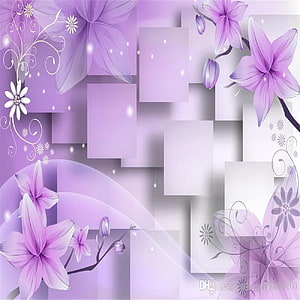 Elegant Purple Floral 3D Wall Mural with Lily Blooms and Geometric Panels HD phone wallpaper