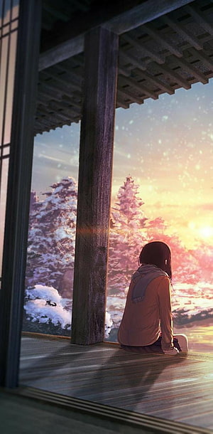 Anime Girl Sitting on Wooden Veranda Watching Snowy Forest at Sunset HD phone wallpaper