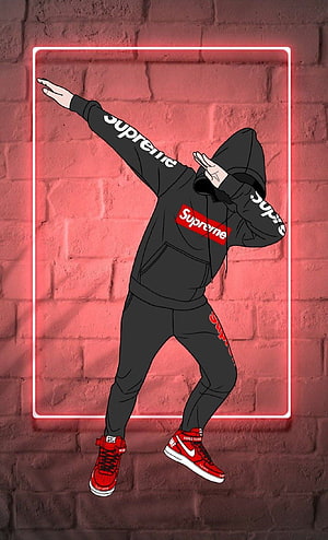 Supreme Hoodie Dabbing Pose Neon Brick Wall Streetwear Illustration HD phone wallpaper