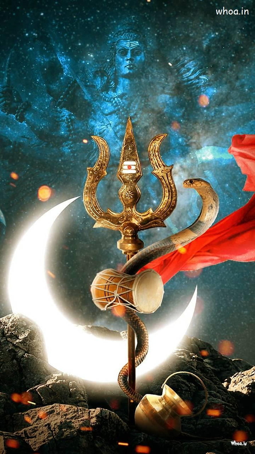 Lord Shiva Trishul Wallpaper with Crescent Moon, Snake, and Cosmic Background HD phone wallpaper