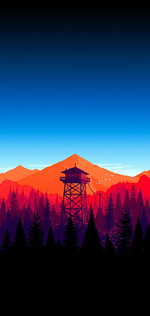 Firewatch Watchtower Silhouette Against Vibrant Sunset Mountain Landscape HD phone wallpaper