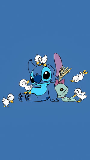 Stitch and Angel Surrounded by Cute Ducklings on Blue Background HD phone wallpaper