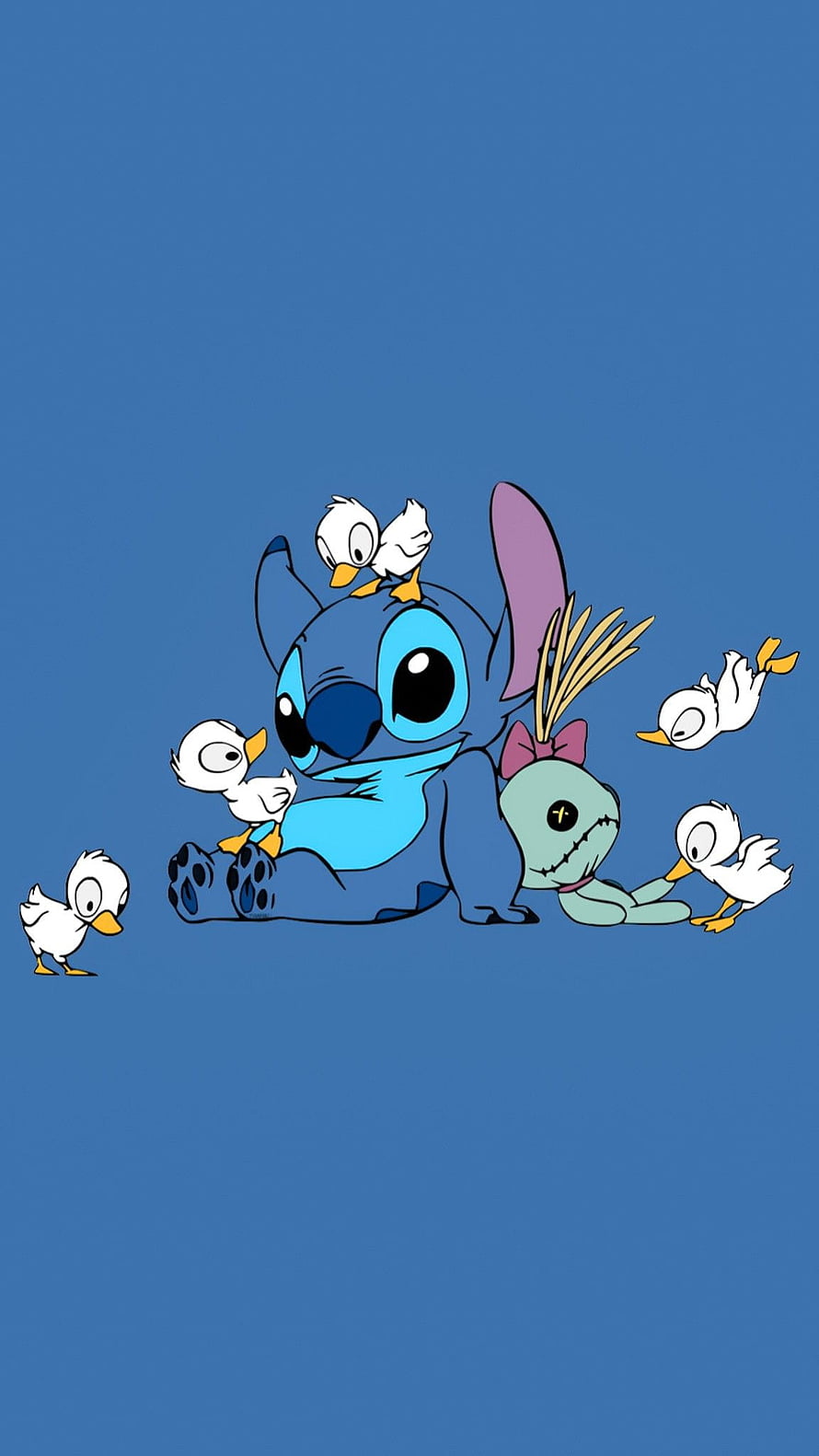 Stitch and Angel Surrounded by Cute Ducklings on Blue Background HD phone wallpaper
