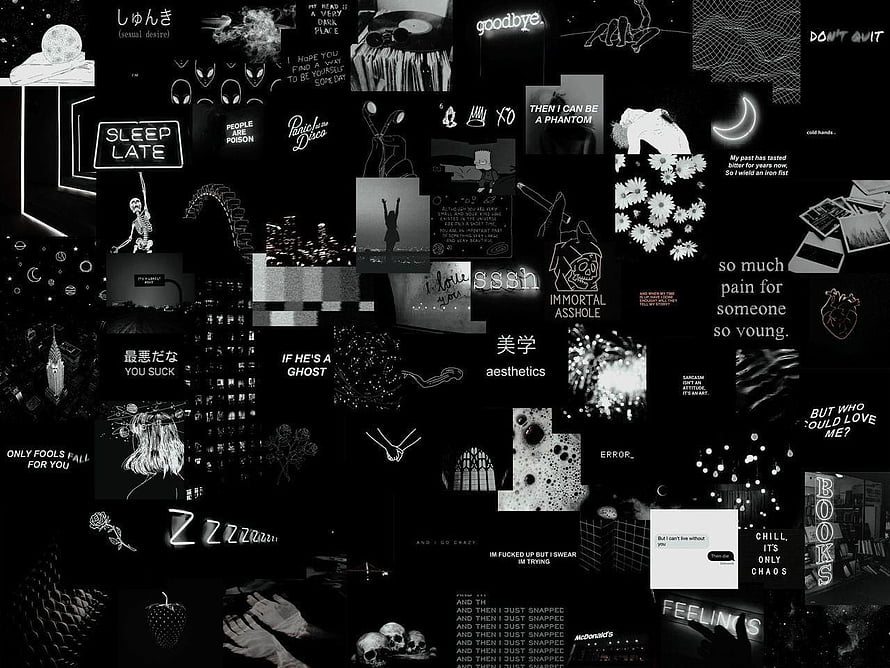 Black and White Aesthetic Collage Wallpaper with Edgy Quotes and Gothic Imagery HD wallpaper