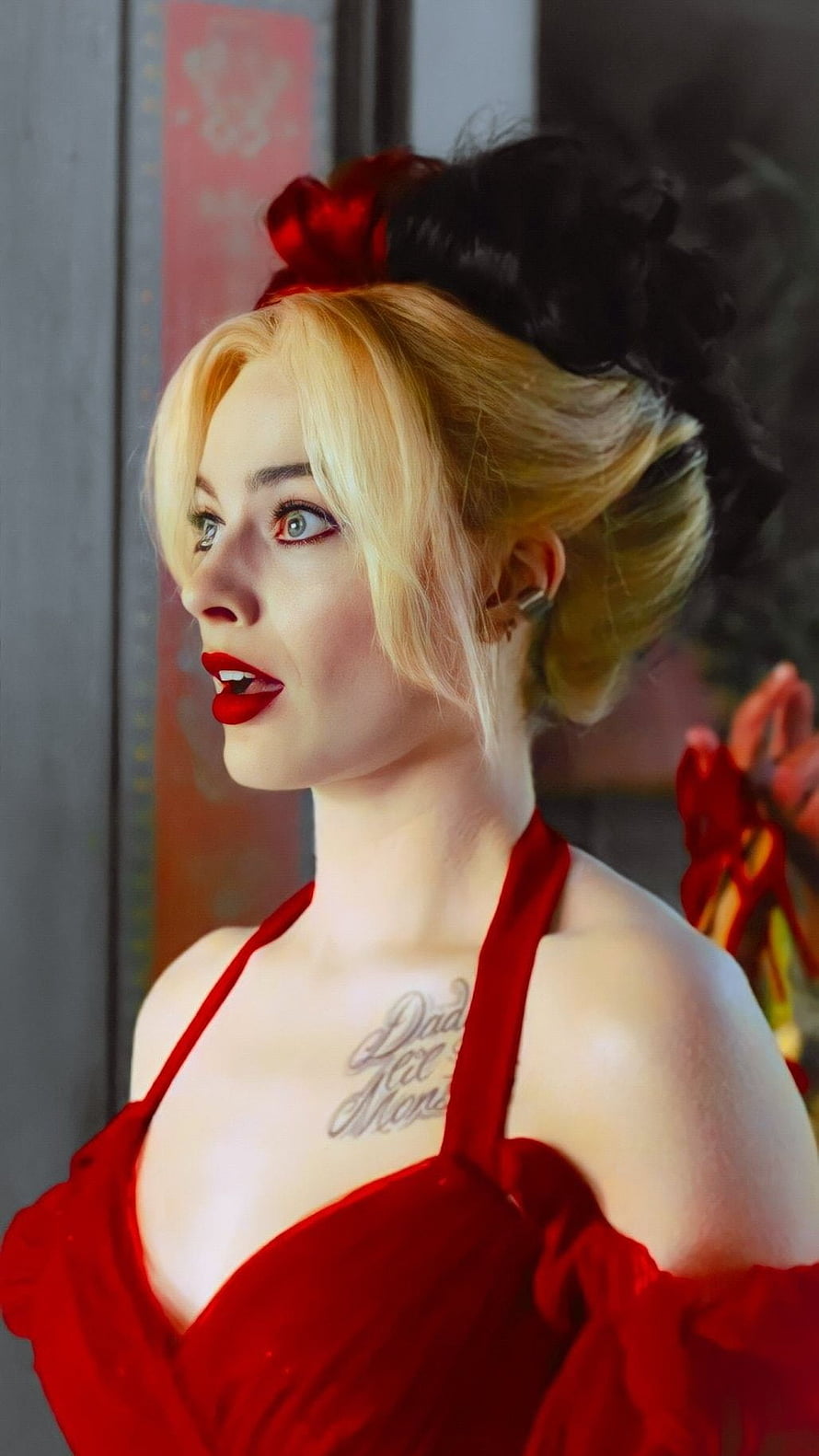 Margot Robbie as Harley Quinn in Red Dress with Chest Tattoo HD phone wallpaper