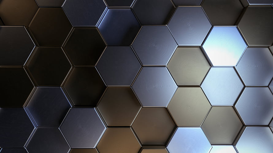 Dark metallic hexagonal tile pattern with reflective light highlights and industrial texture HD wallpaper