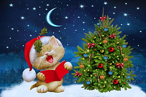 Cute Kitten Singing Christmas Carols Beside Decorated Tree Under Starry Night Sky HD wallpaper