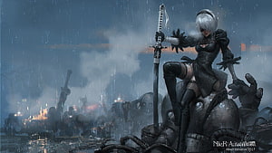 2B from Nier Automata Standing on Mechanical Wreckage in Rainy Battlefield HD wallpaper