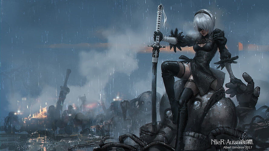 2B from Nier Automata Standing on Mechanical Wreckage in Rainy Battlefield HD wallpaper
