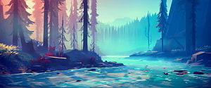 Stylized Digital Art of a Misty Forest River at Dawn with Pine Trees and Glowing Water HD wallpaper