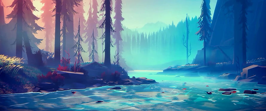 Stylized Digital Art of a Misty Forest River at Dawn with Pine Trees and Glowing Water HD wallpaper