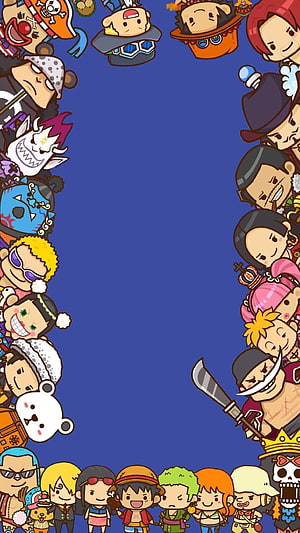 One Piece Straw Hat Pirates Chibi Character Border Wallpaper HD phone wallpaper