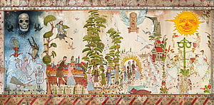 Midsommar Folk Art Mural Depicting Rituals, Sun, and Village Life HD wallpaper