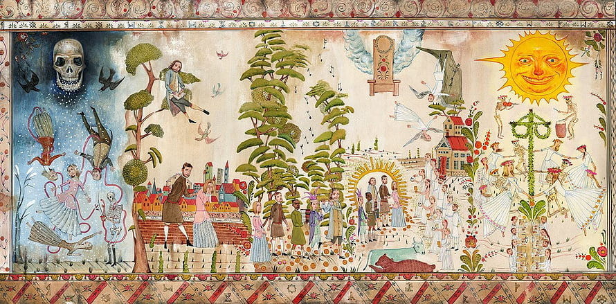 Midsommar Folk Art Mural Depicting Rituals, Sun, and Village Life HD wallpaper