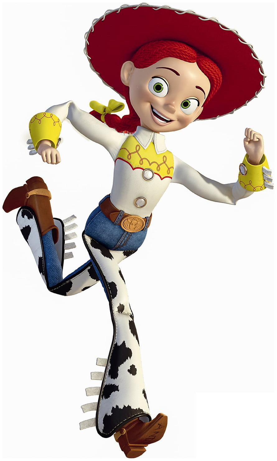 Jessie the Cowgirl from Toy Story in a Dynamic Jumping Pose with Red Hat and Cattle Print Chaps HD phone wallpaper