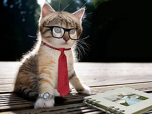 Cute Kitten in Glasses and Red Tie Sitting on a Wooden Table with a Notebook HD wallpaper