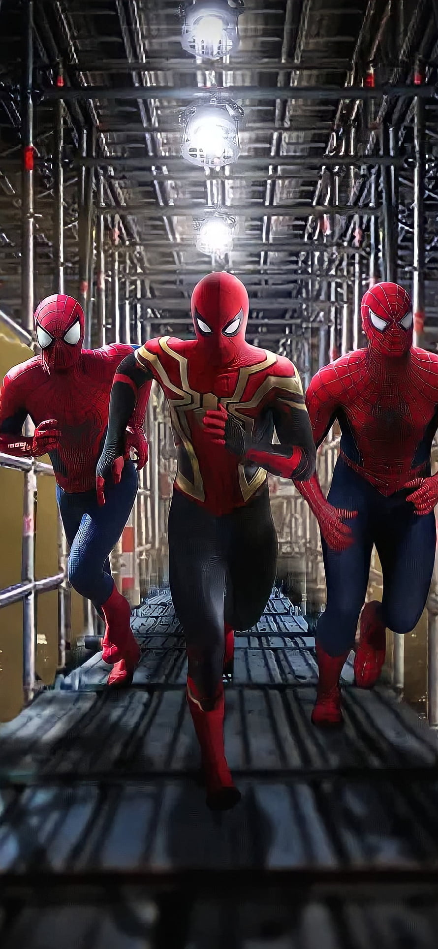 Three Spider-Man Variants Running Together on Scaffolding in Action Pose, Spider-Man No Way Home, Superman, Superheroes, Batman, Nowayhome, Ironman, Avengers, Marvel, Spiderman, DC HD phone wallpaper