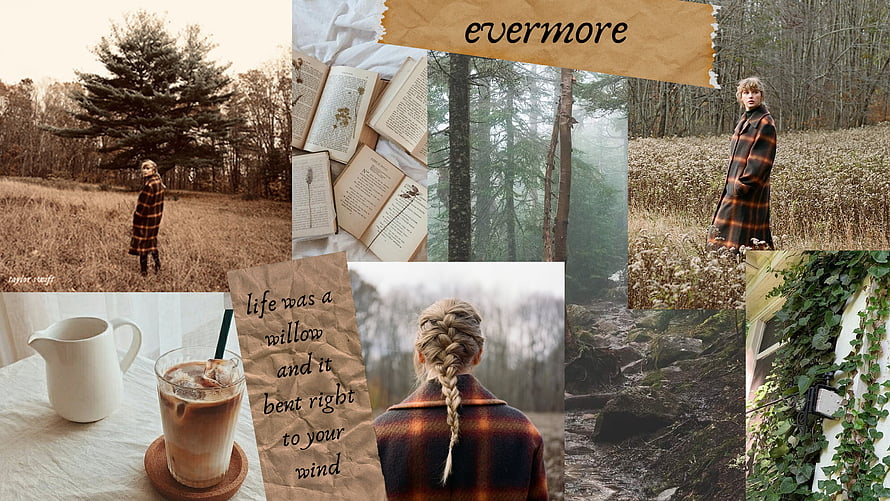 Taylor Swift Evermore Aesthetic Collage Featuring Plaid Coat, Forest Scenery, Books, and Coffee HD wallpaper