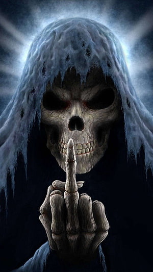 Eerie Hooded Skeleton Making a Shushing Gesture in Dark Misty Atmosphere HD phone wallpaper