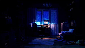 Moody Anime Bedroom at Night with Rainy Window and Glowing Computer Desk HD wallpaper