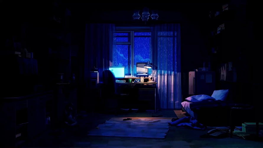 Moody Anime Bedroom at Night with Rainy Window and Glowing Computer Desk HD wallpaper