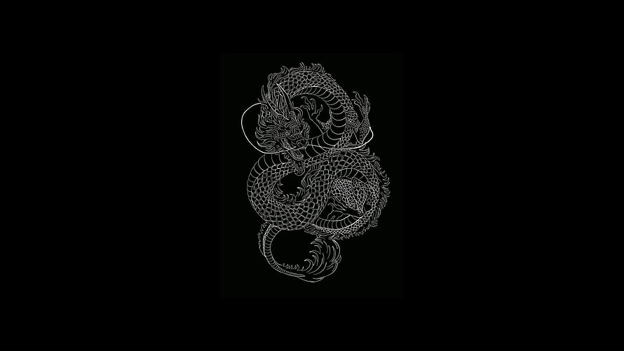 Intricate White Line Art of a Coiled Japanese Dragon on a Black Background HD wallpaper