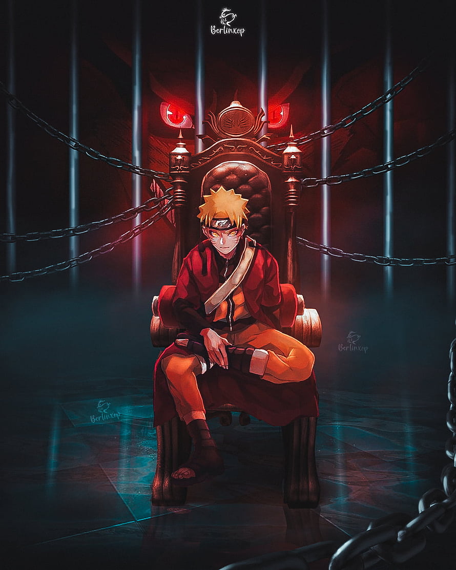 Naruto Uzumaki Sitting on Throne with Chains and Red Eyes Background Anime Wallpaper HD phone wallpaper