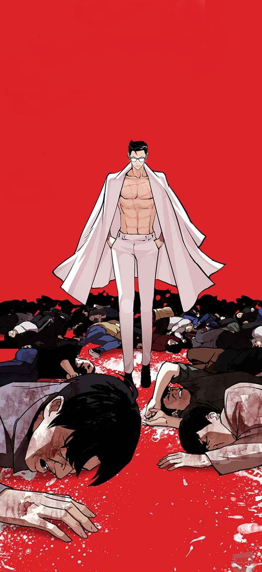Lookism Manhwa Character Standing Over Fallen Figures in Dramatic Red Scene HD phone wallpaper