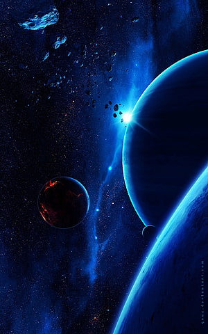 Deep Space Blue Planets and Asteroid Field Digital Art Wallpaper HD phone wallpaper