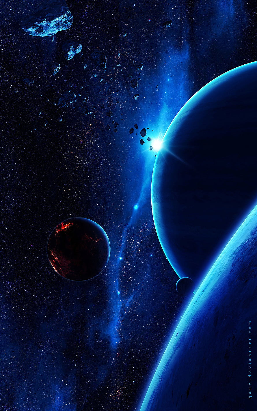 Deep Space Blue Planets and Asteroid Field Digital Art Wallpaper HD phone wallpaper
